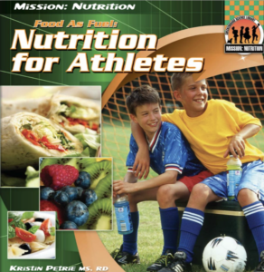 A book cover showing two kids playing soccer, and a wrap and fresh fruit near them.